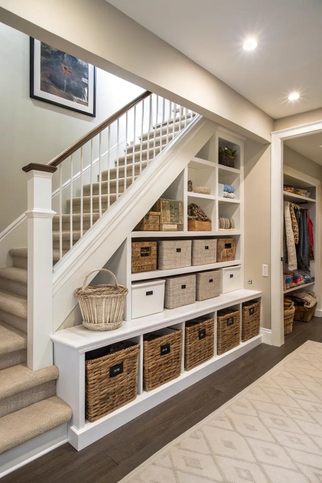Under-stair compartments propose usefulness and panache.