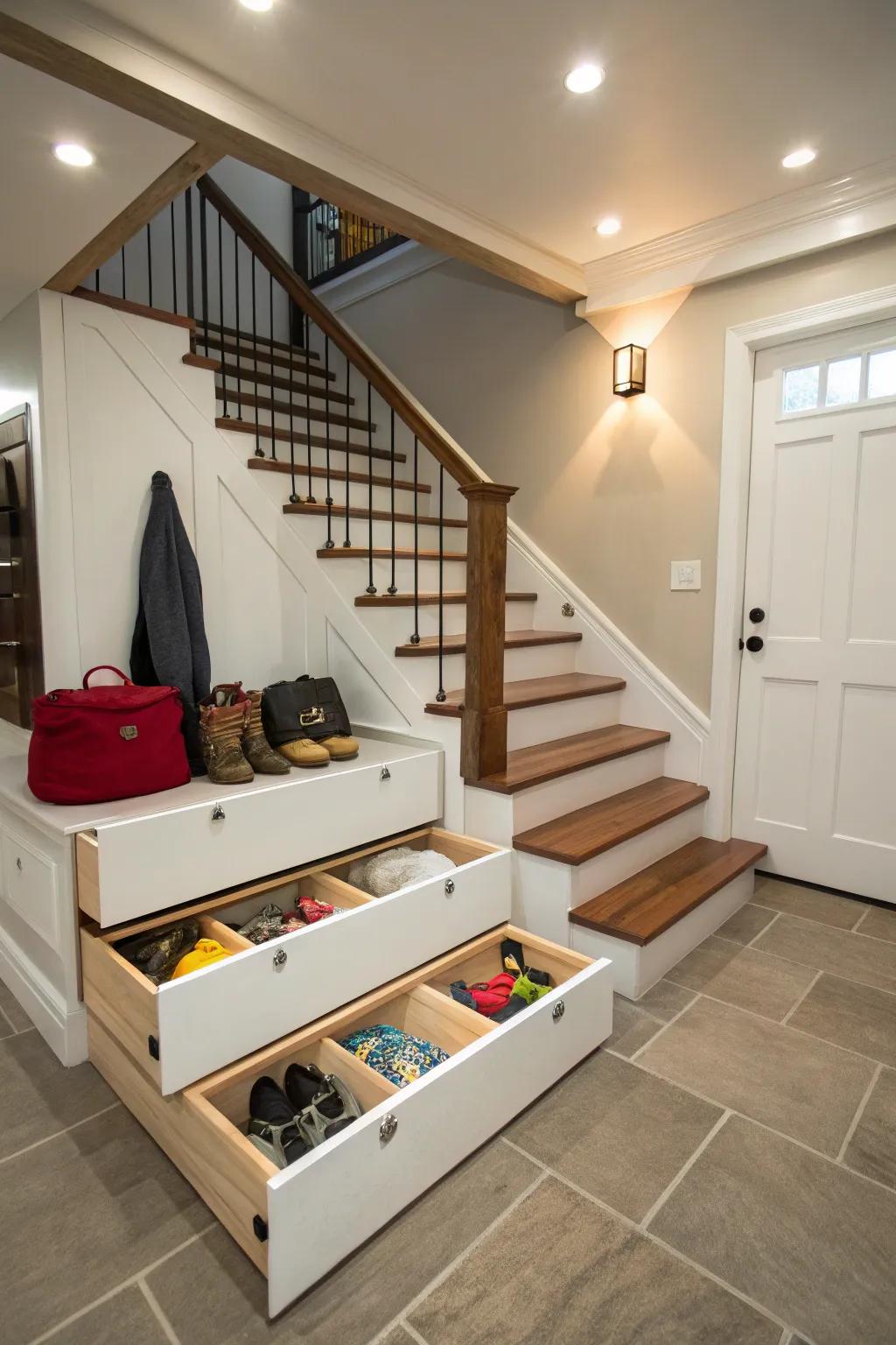 Optimize your basement with clever understairs storage solutions.