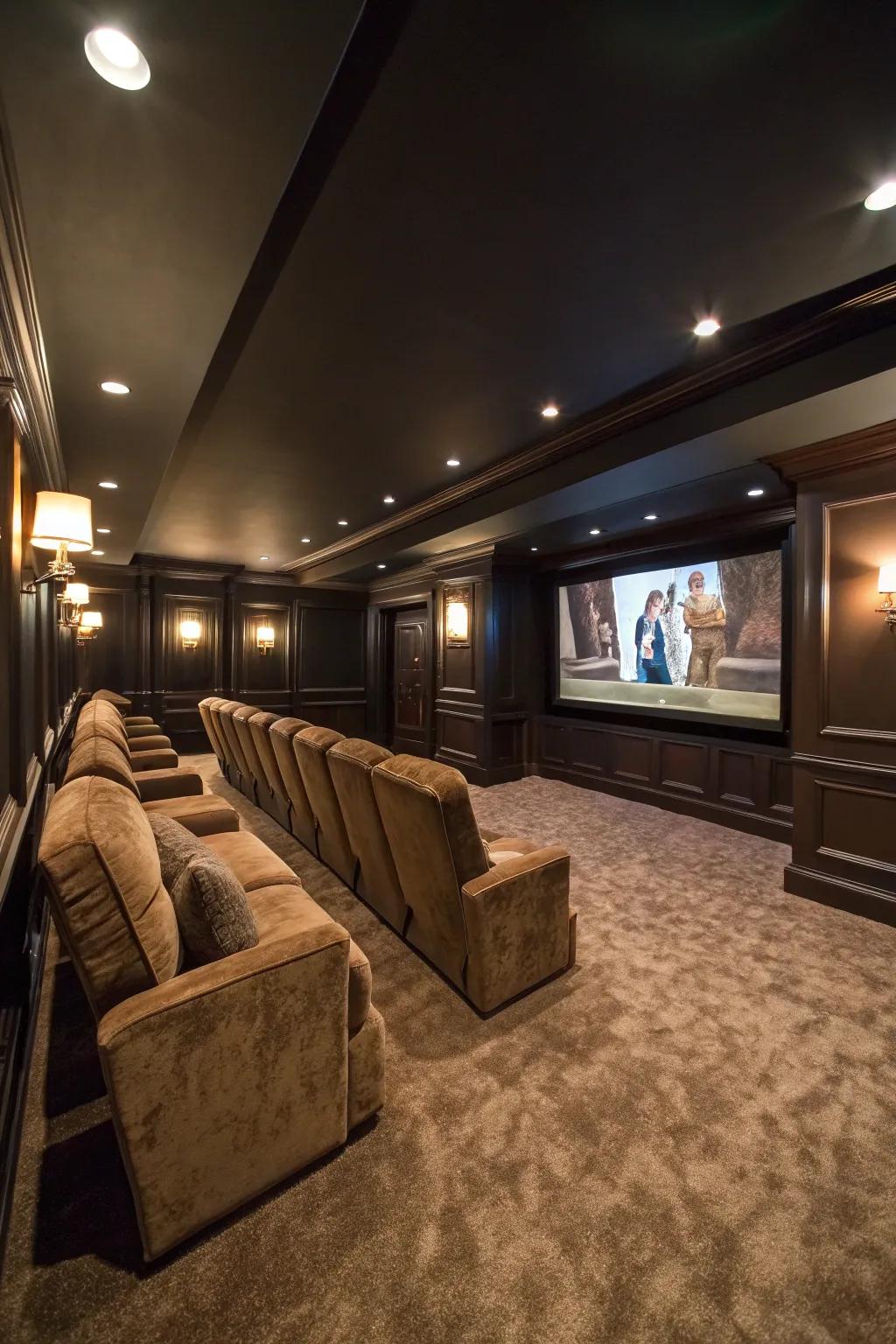 A deep color scheme heightens the cinema atmosphere in your basement theater.