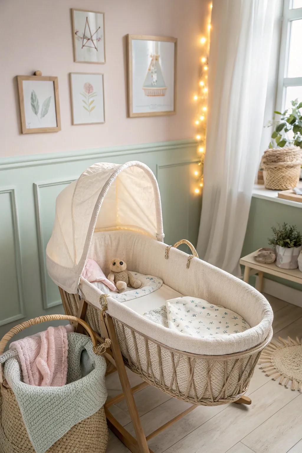 Cultivate a tranquil ambiance with a neutral bassinet.