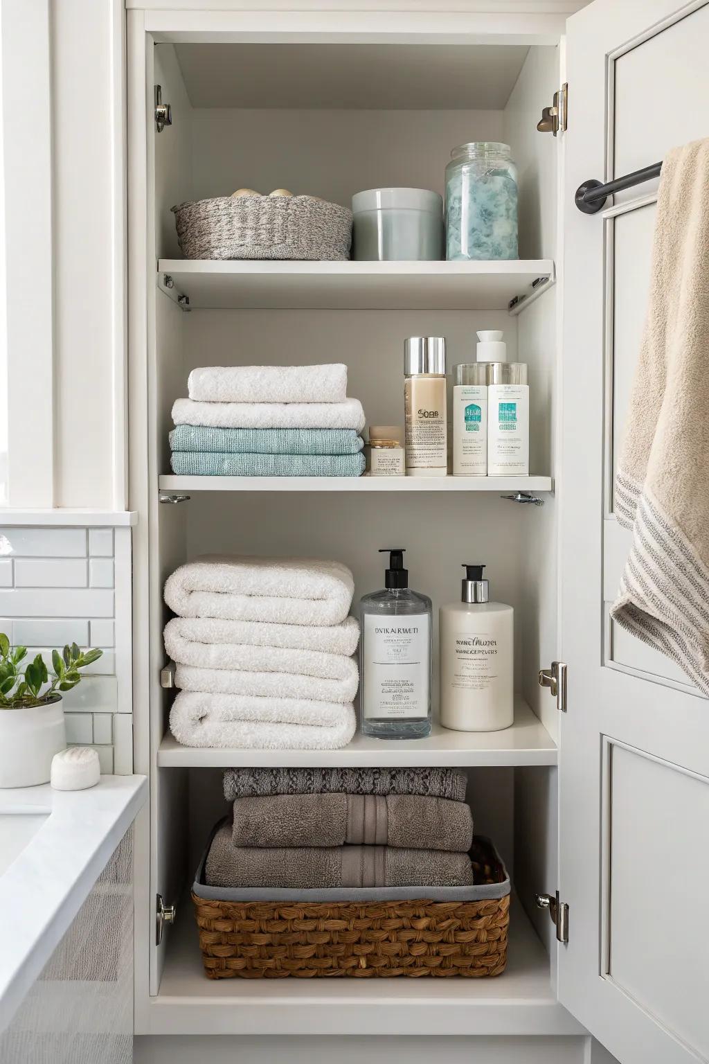 Shelves on walls offer extra holding without using floorspace.