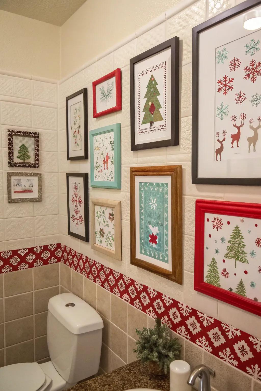 Celebratory partition artistry contributes a seasonal highlight to this bathroom.