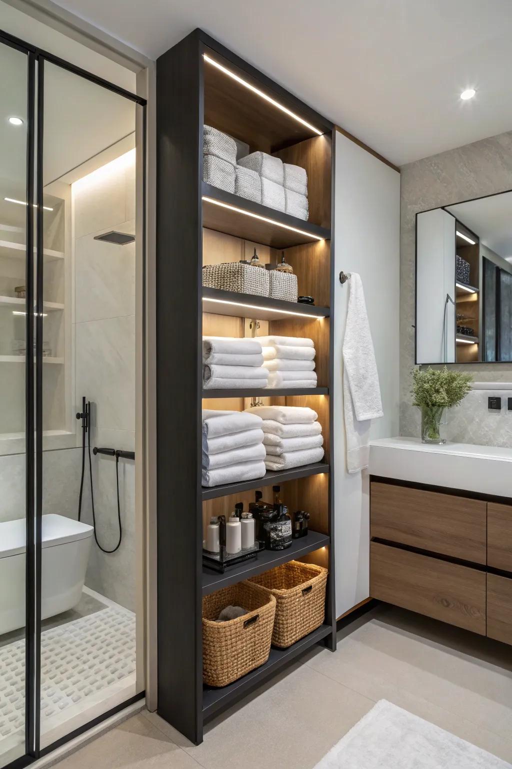 Integrated storage dividers enhance functionality and style.