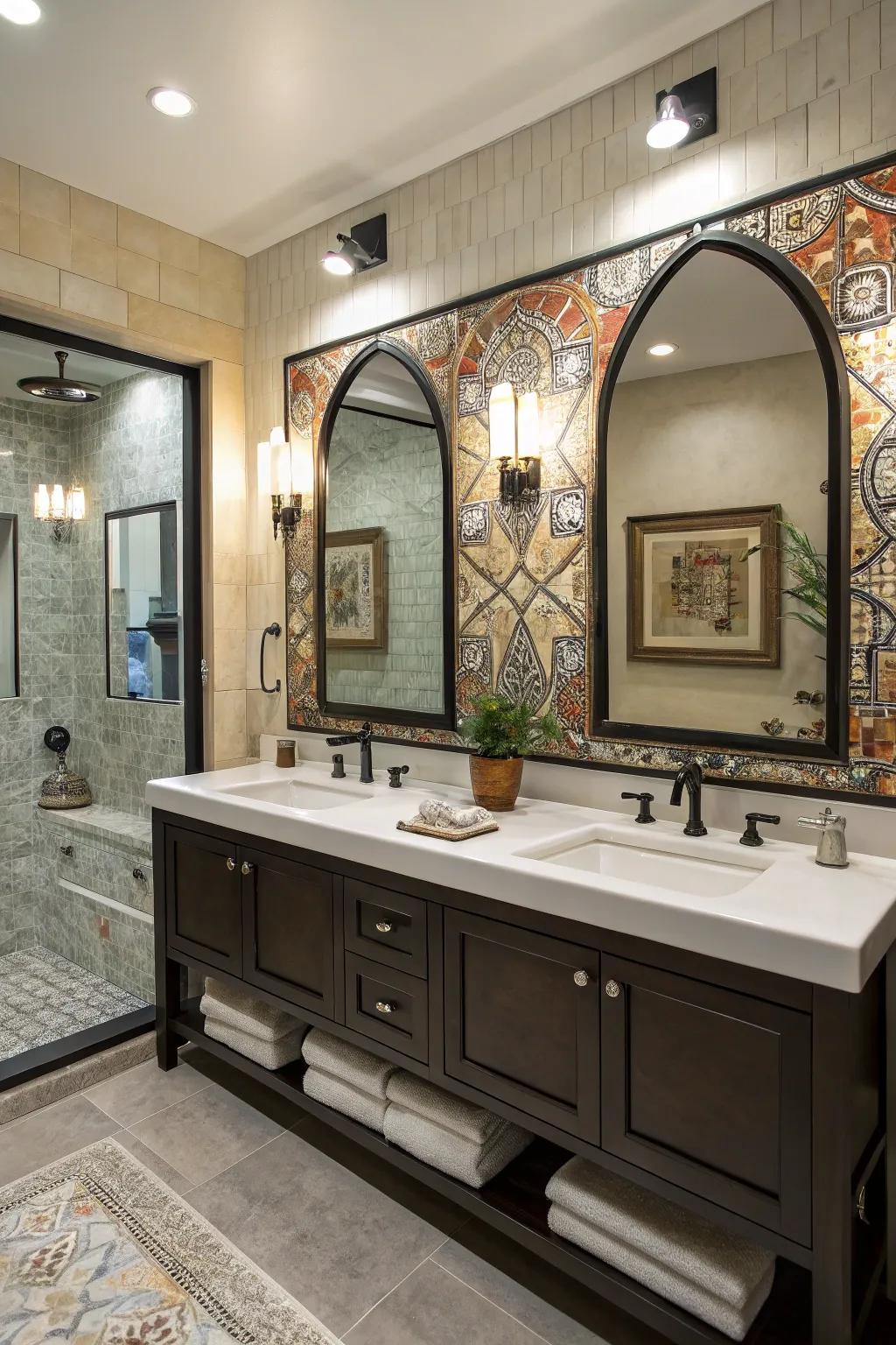 Asymmetrical mirrors introduce a creative and unique element to the bathroom.