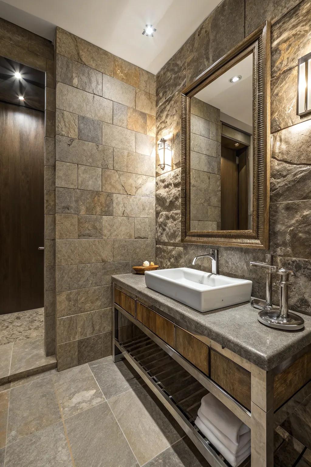 A bathroom displaying a harmonious fusion of surfaces for added dimension.