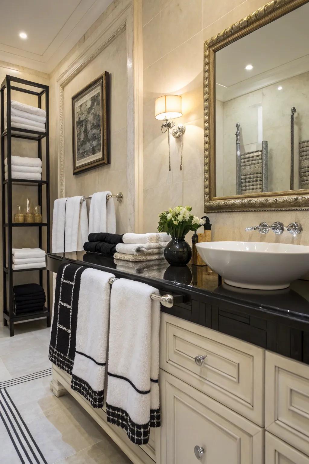 Onyx and alabaster towels fashion an elegant and timeless aesthetic.