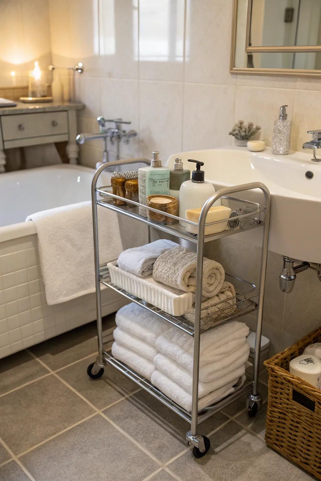 Rolling carts provide flexible and elegant solutions for towel storage.