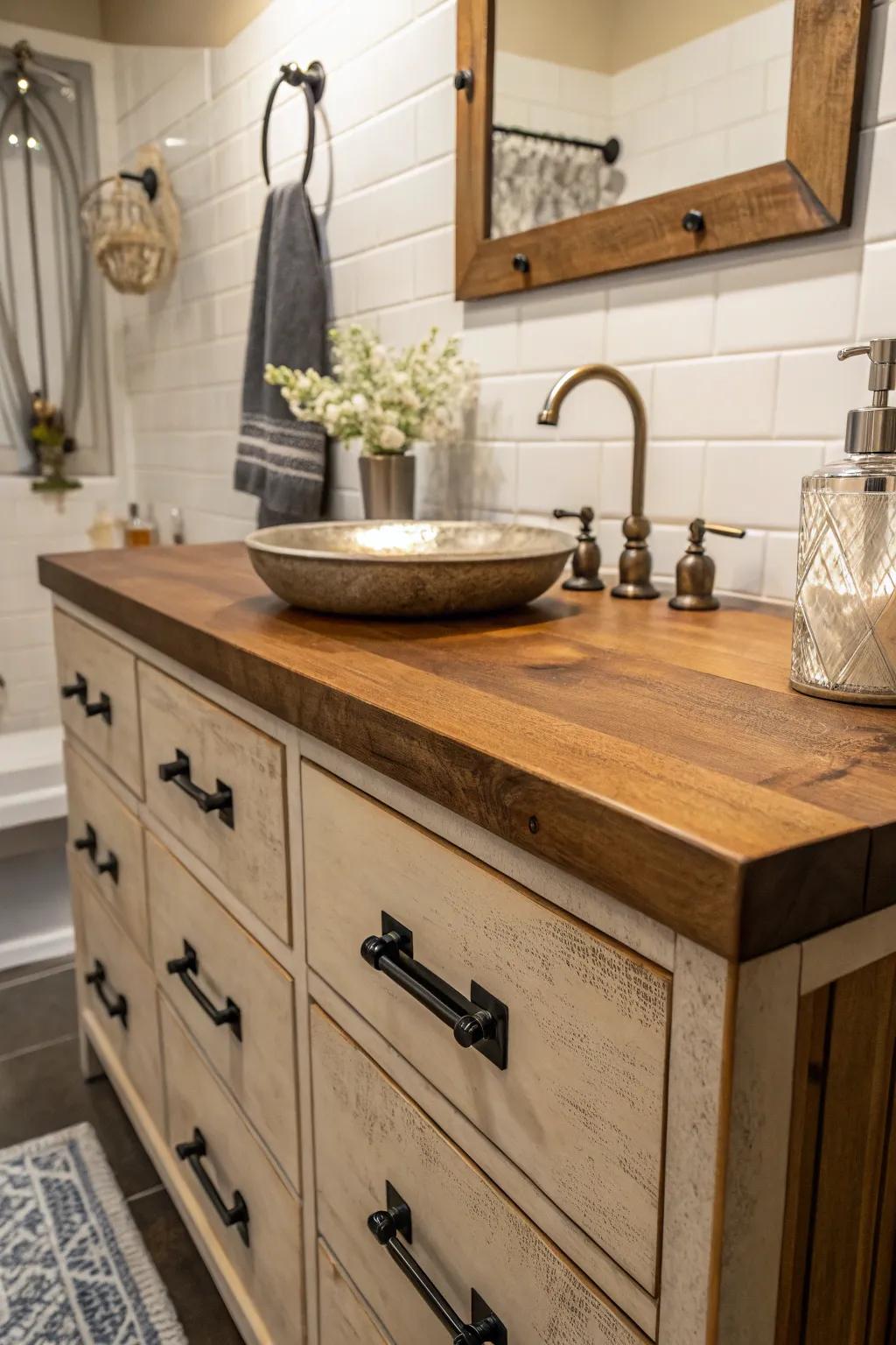 A mix of wood and metal produces a balanced, appealing look.