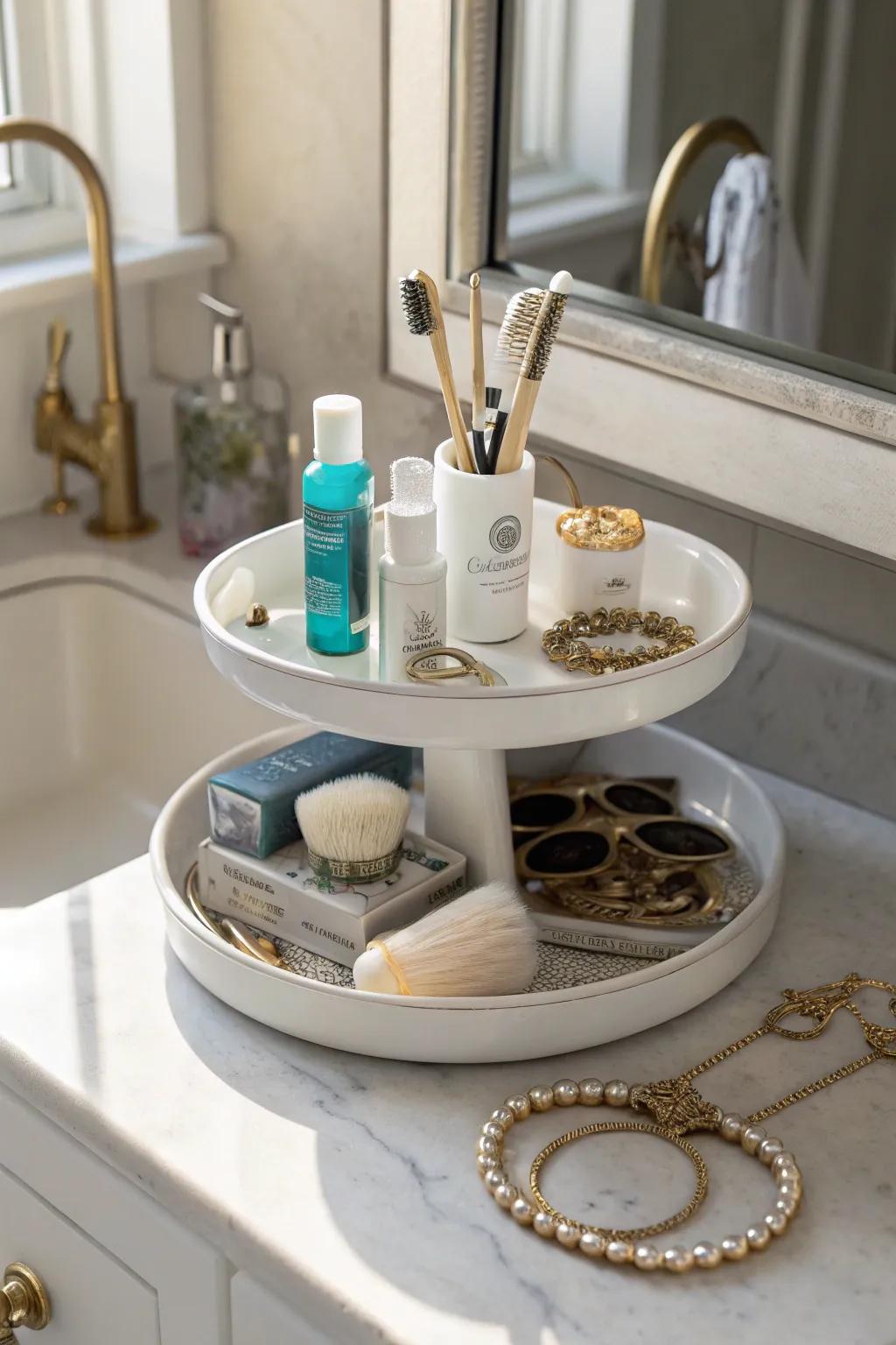 Make the most of space with a tiered rack for storing items vertically.