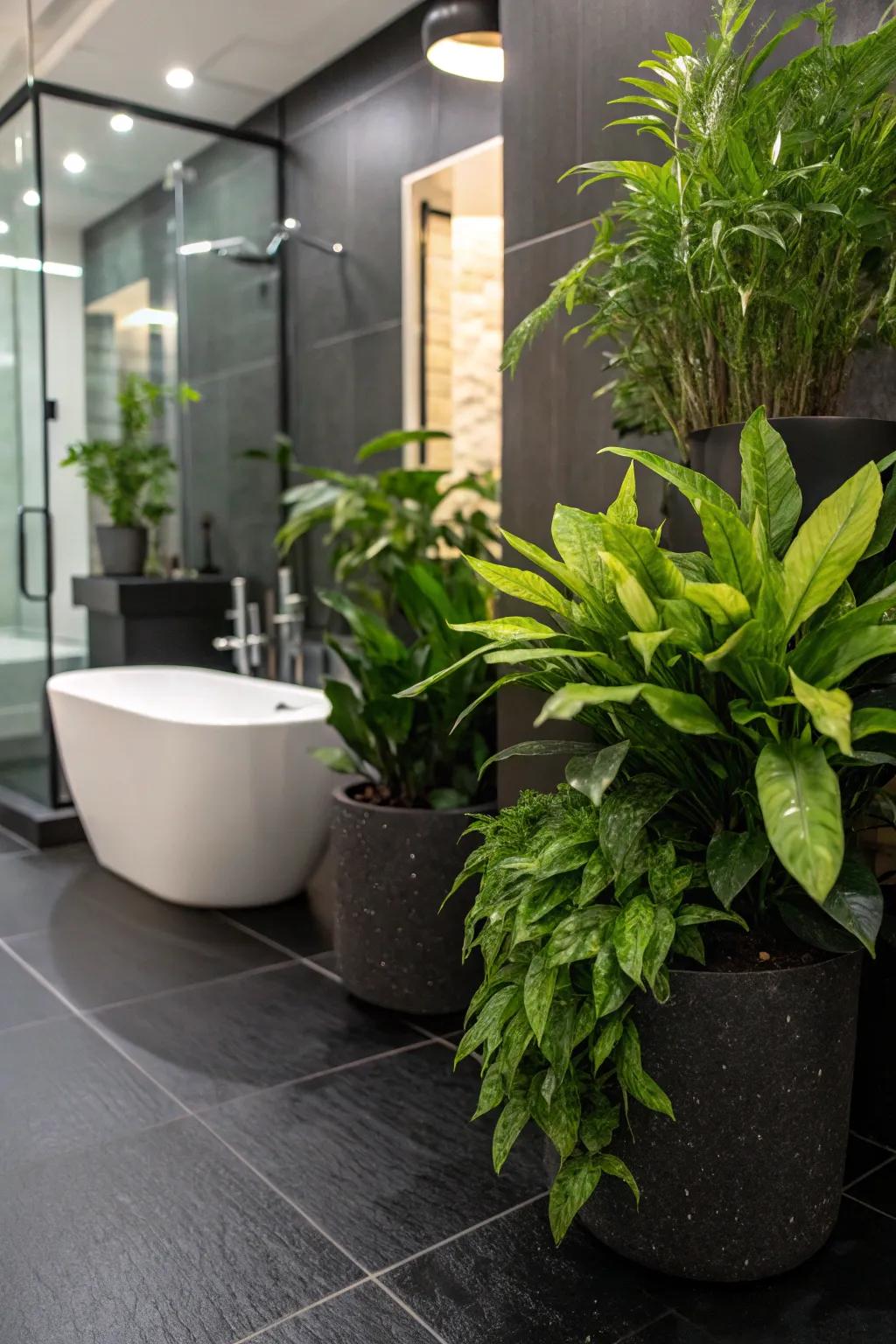 Green plants bring a refreshing touch to the elegance of a dark floor.