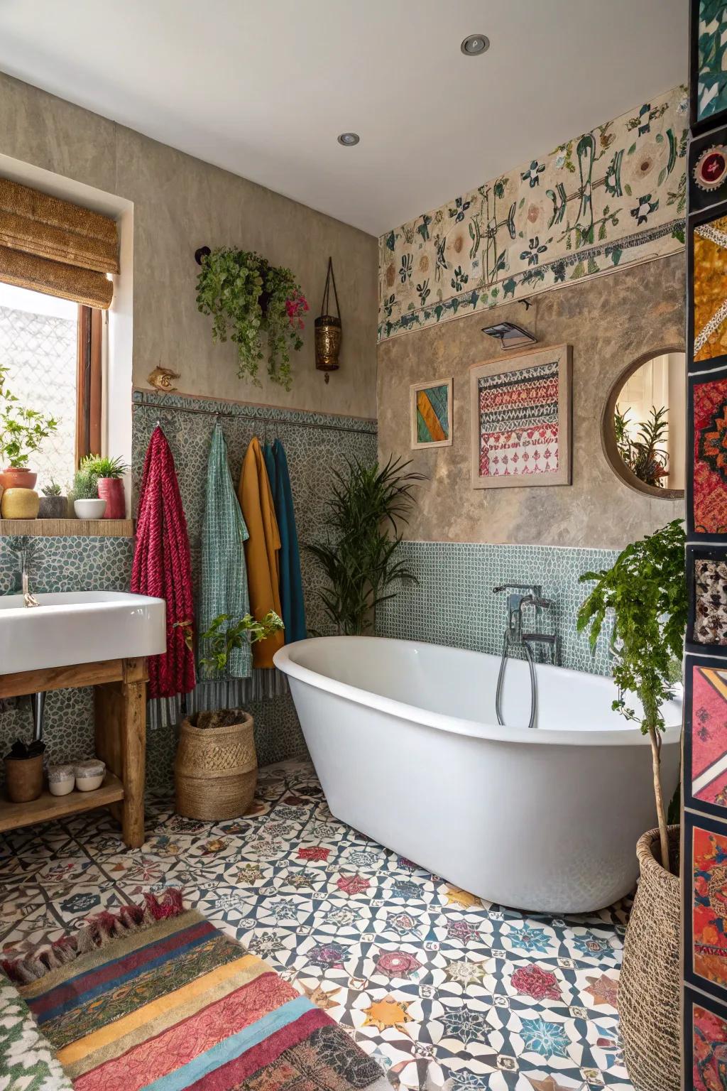 An eclectic bathroom featuring unique textures and hues.