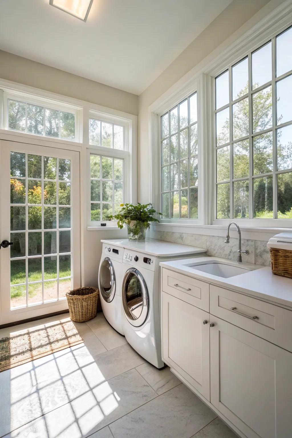 Sunlight brightens up the washing area, rendering it more spacious.