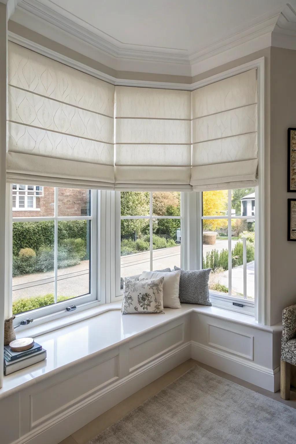 Roman blinds offer a smooth and contemporary look for bay windows.