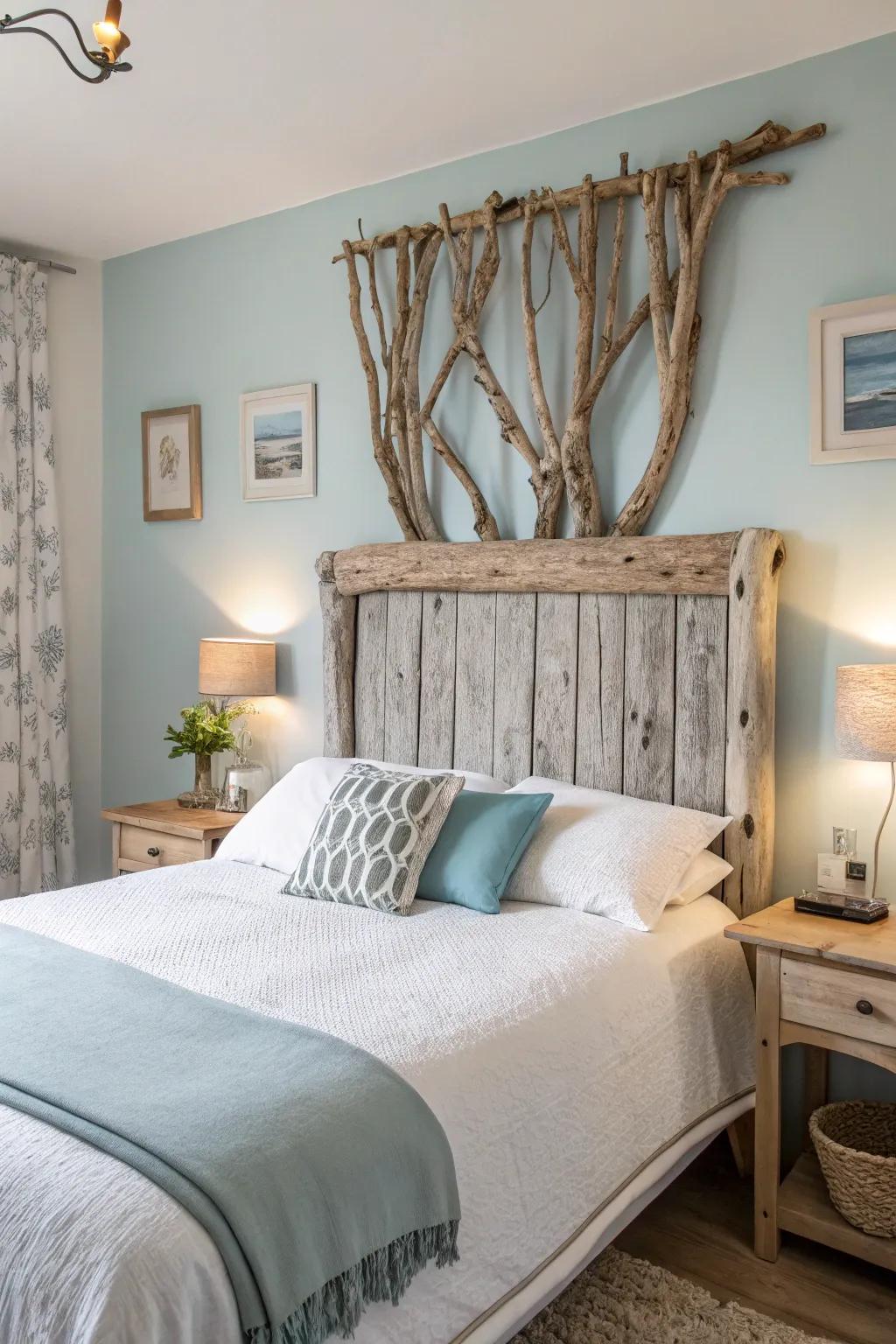 A found wood headboard creates a striking coastal centerpiece.