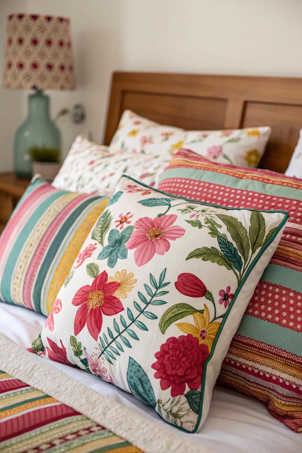 The combination of patterns adds a fun twist to your pillow display.