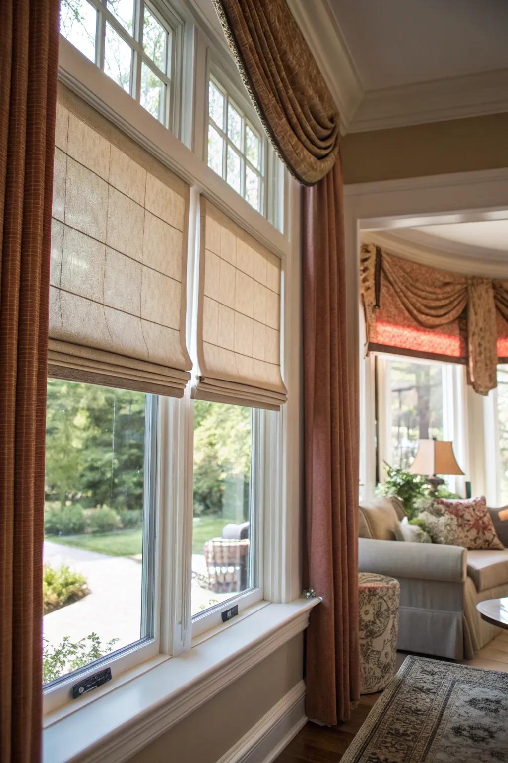 Roller shades provide a sleek and sophisticated look.