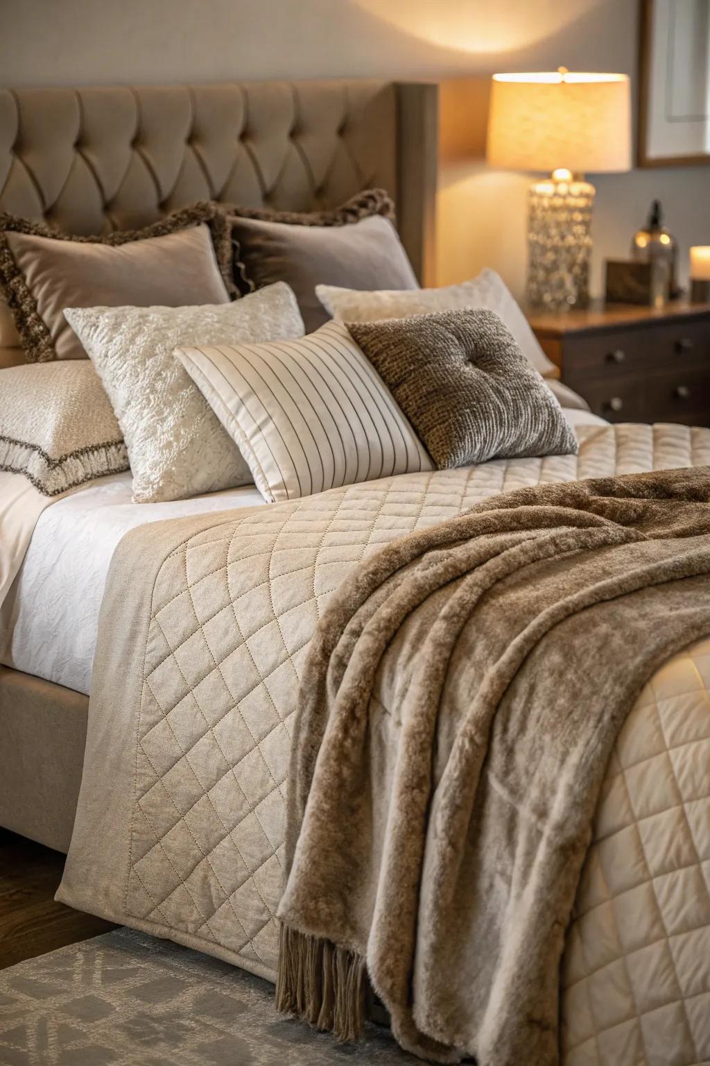 Layered bedding infuses comfort and dimension.