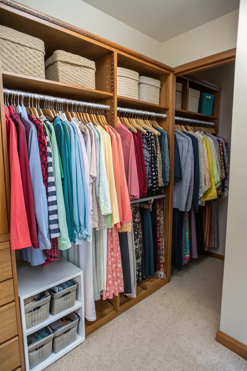 A shade-based organization system promotes balance and order in your closet.