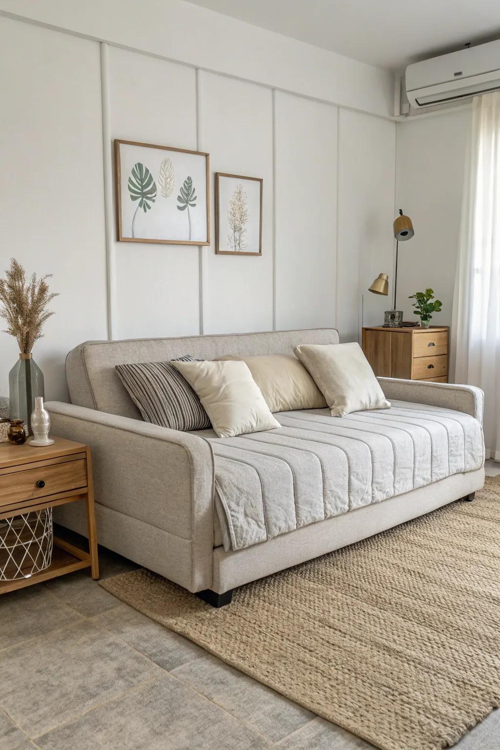 A minimalist modular couch that adds sleek elegance to a bedroom.