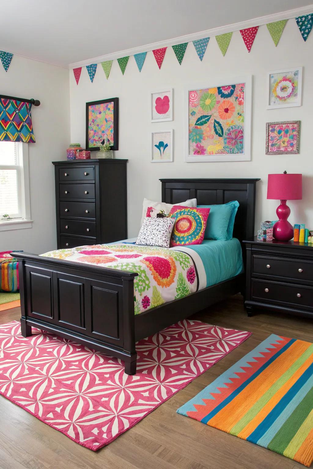 Vibrant shades instill character into a bedroom showcasing elegant dark furnishings.