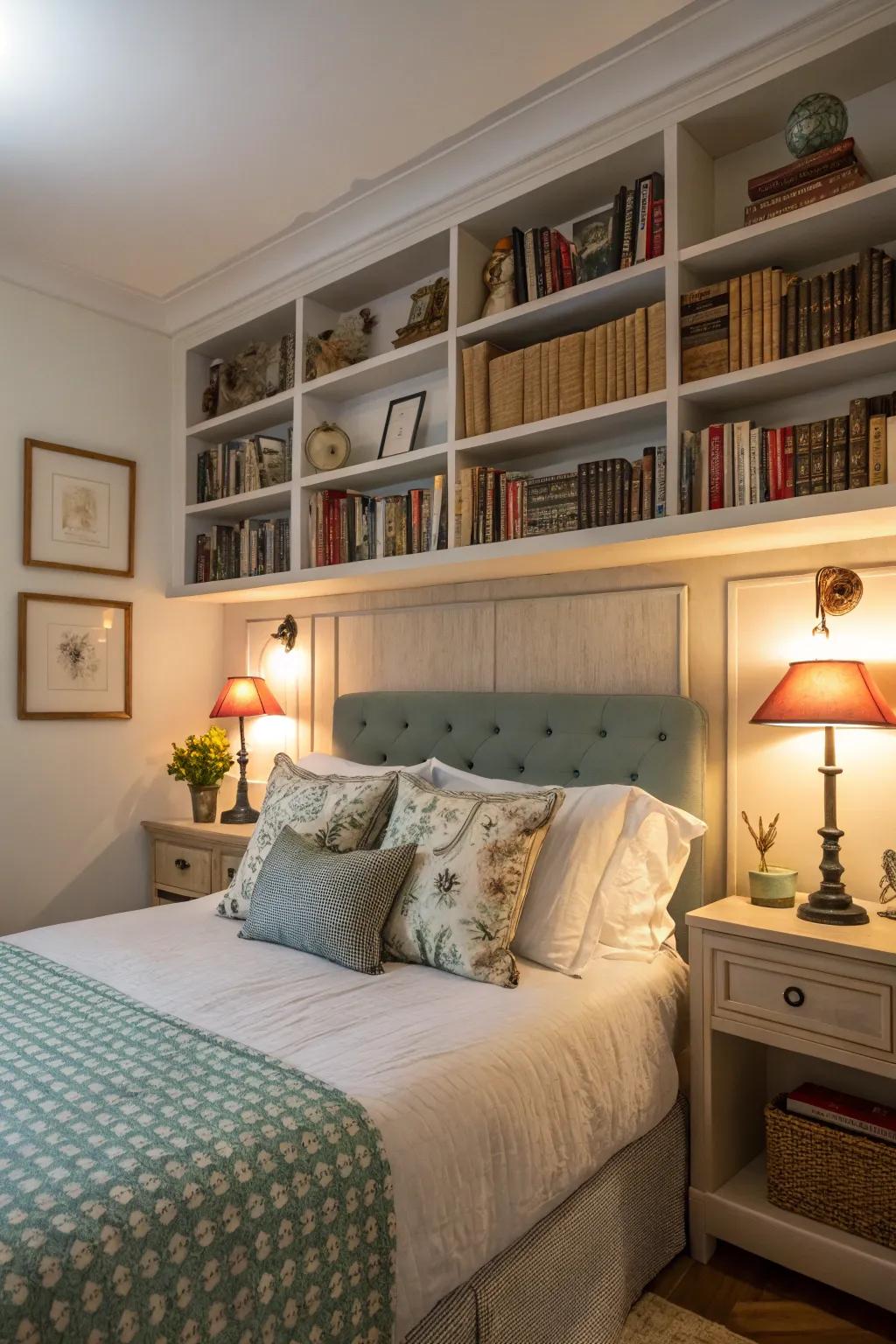 Headboard shelves offer a handy spot for essential nighttime items.