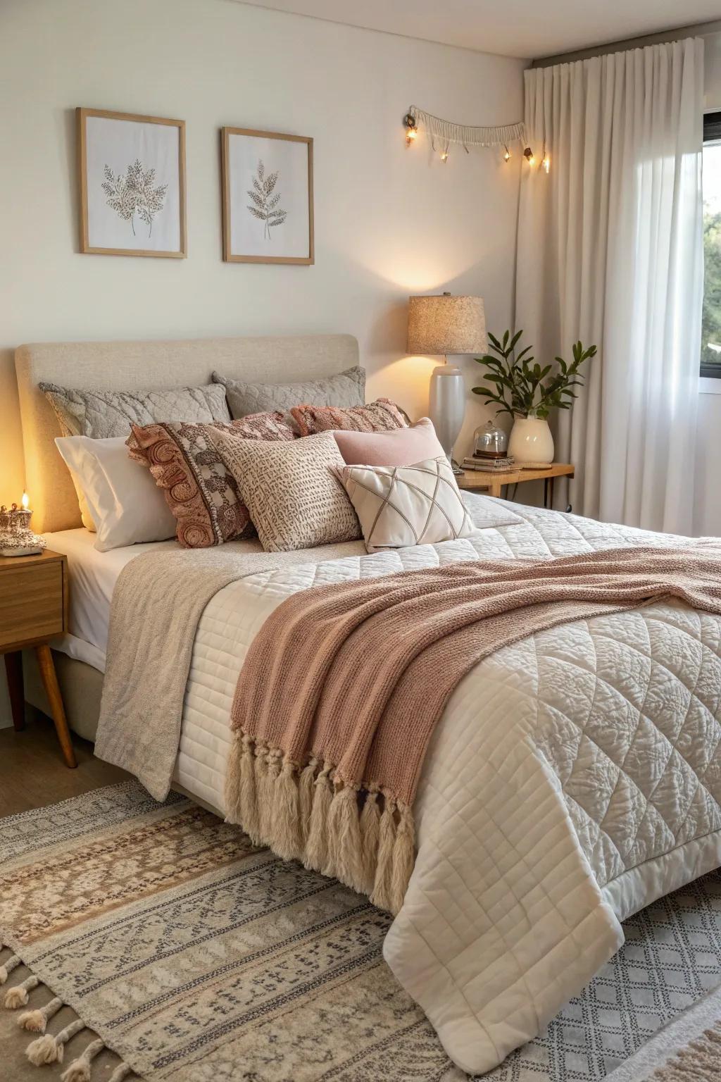 The layering of textiles adds a vibrant splash of color and an increased sense of comfort to your bedroom.