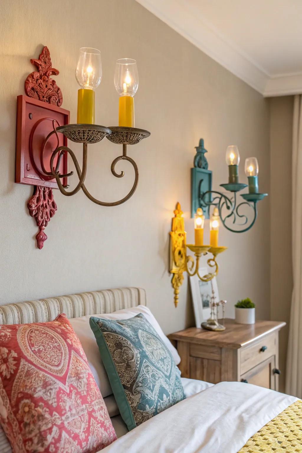 Vibrant sconces add a playful pop of color.
