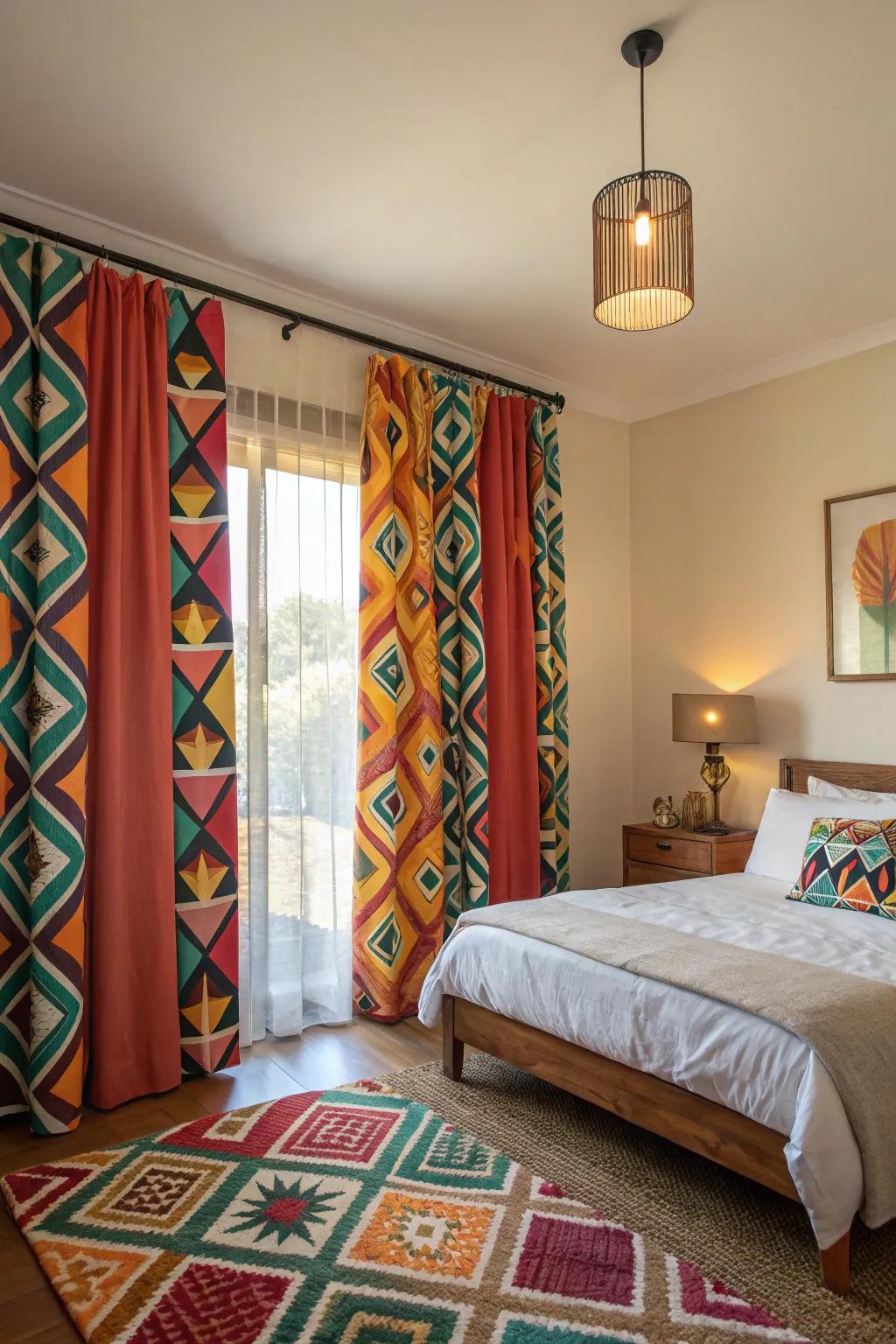 Vibrant designs on curtains fashion an eye-catching point of focus.