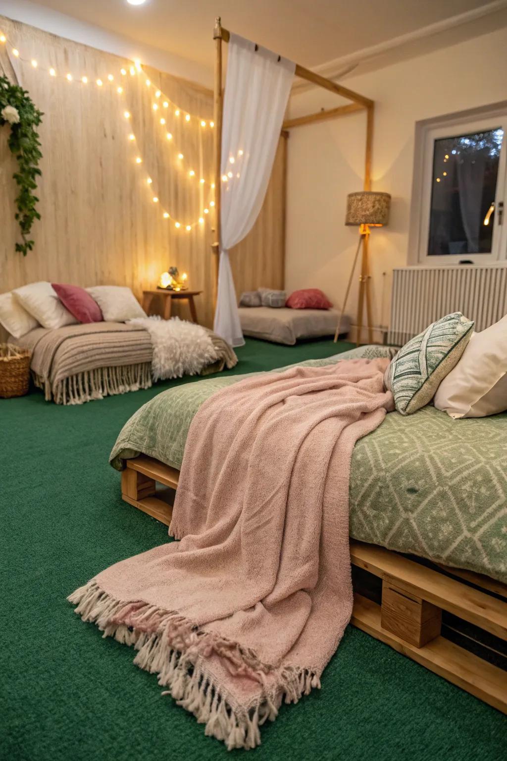 Warm elements like throws and cushions add coziness to the emerald-carpeted bedroom.