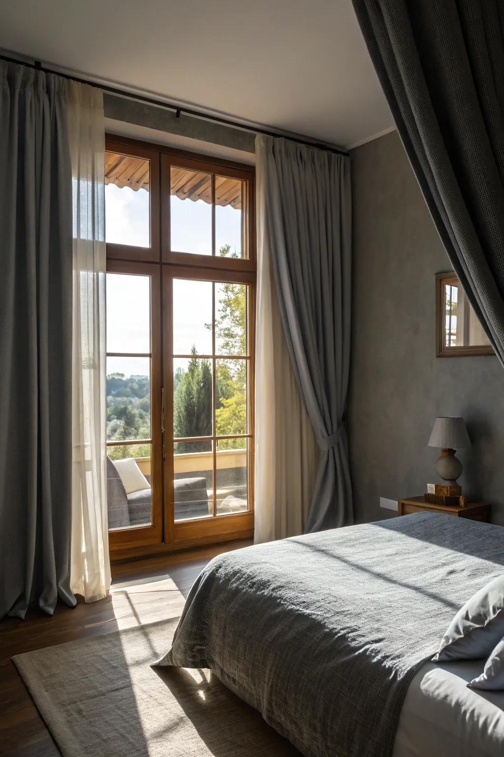 Refined grey curtains framing a sunny window.