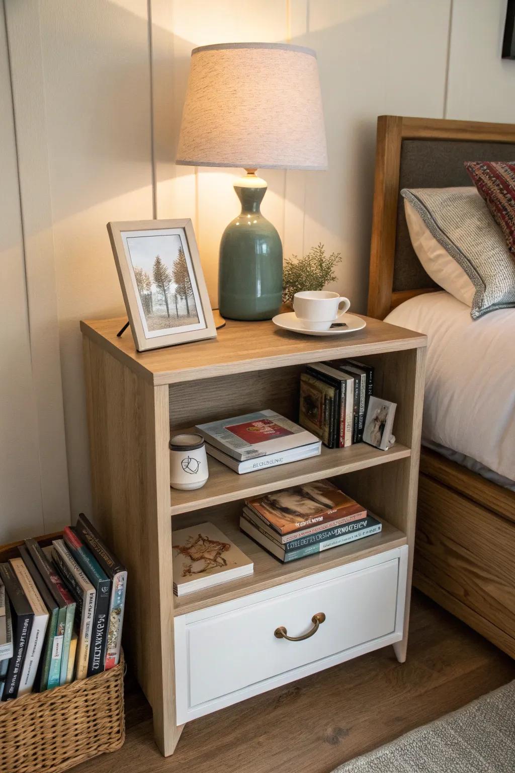 Useful storage solutions maintain a tidy bedside space.