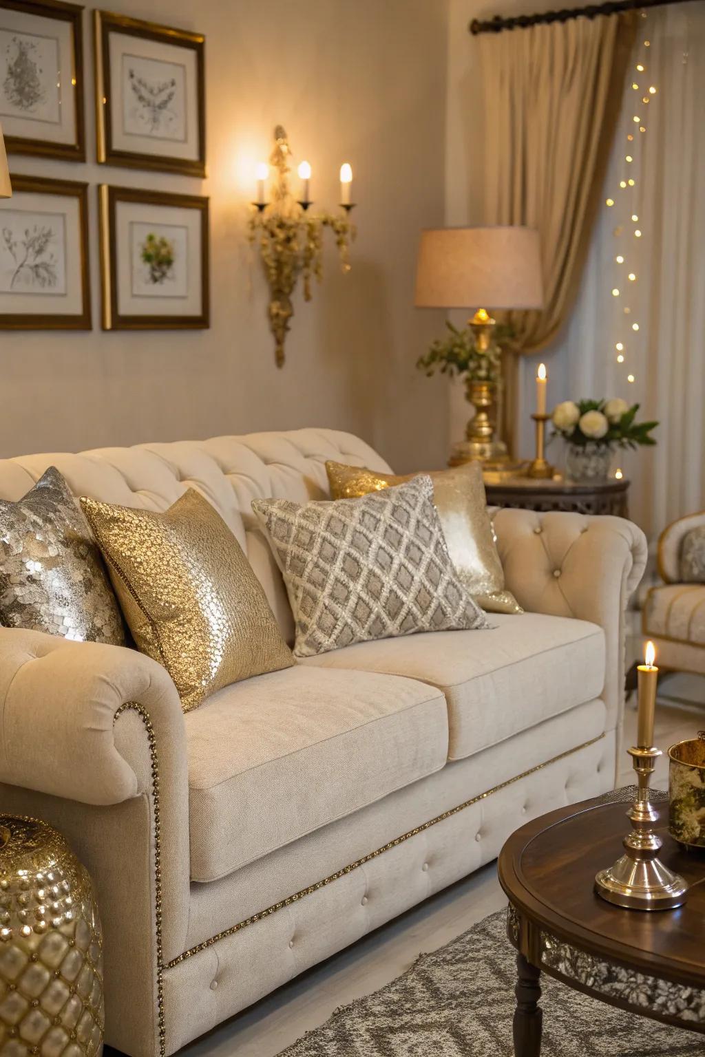 Glamorous metallic touches elevate a sand-toned sofa living room.
