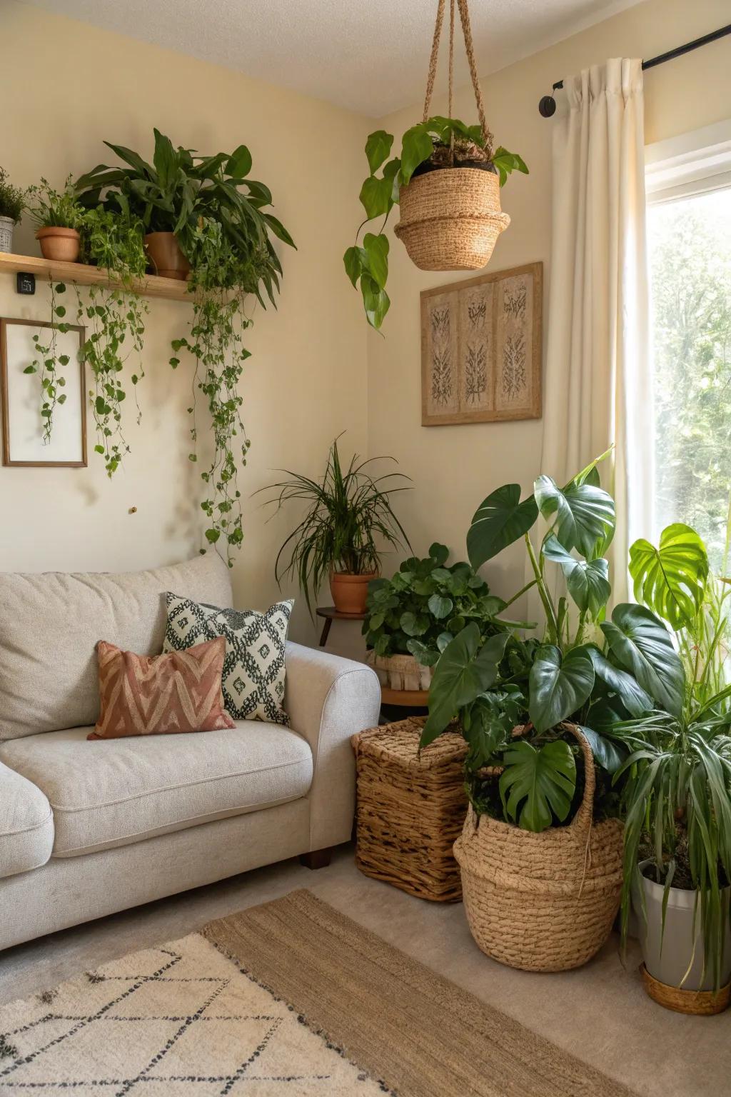 Plants introduce a refreshing splash of color to neutral spaces.