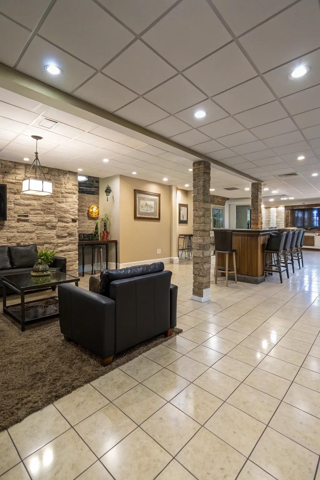 Stoneware flooring provides adaptability and flair to basement interiors.