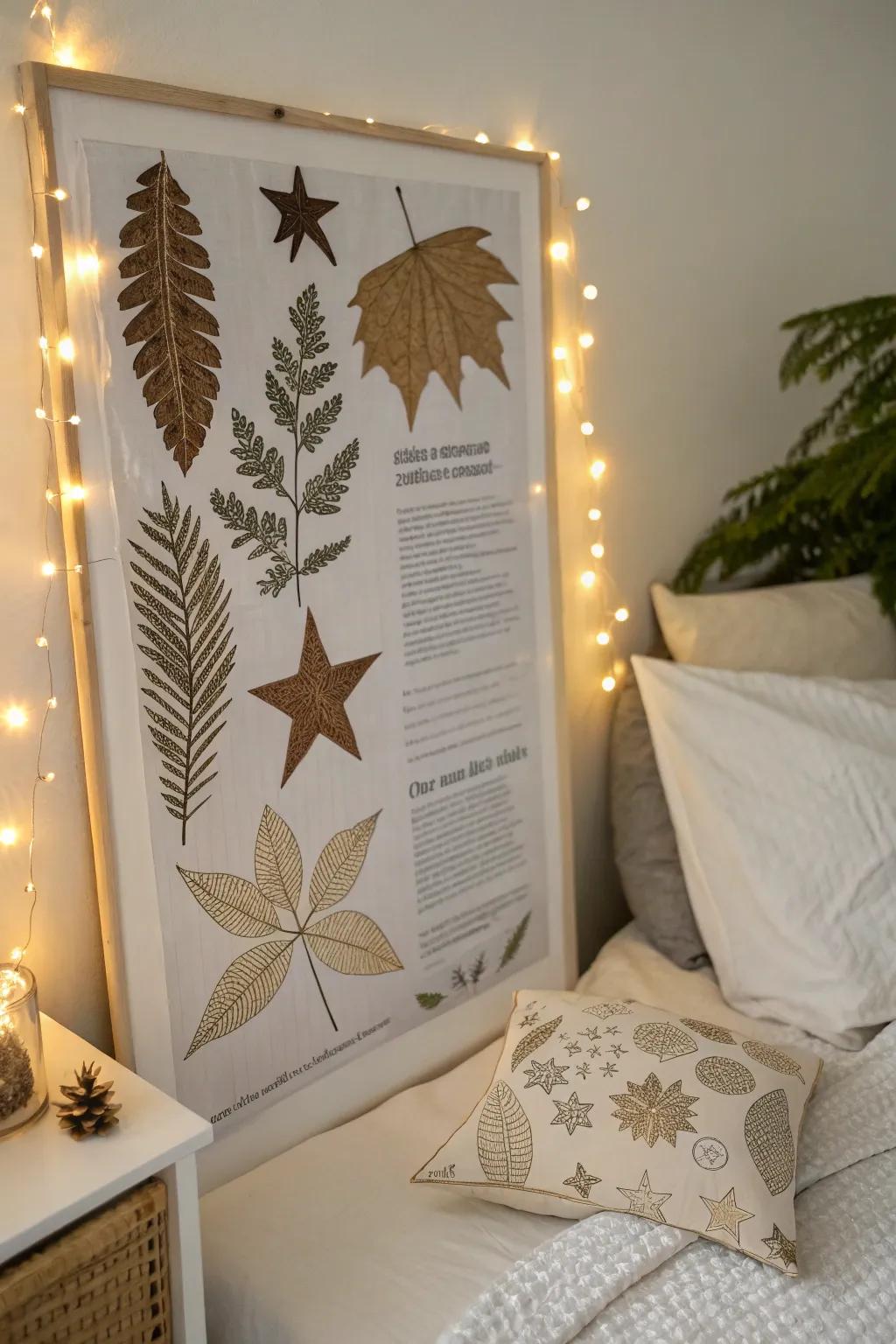 A nature-inspired collage with textured components infusing charm into a bedroom.