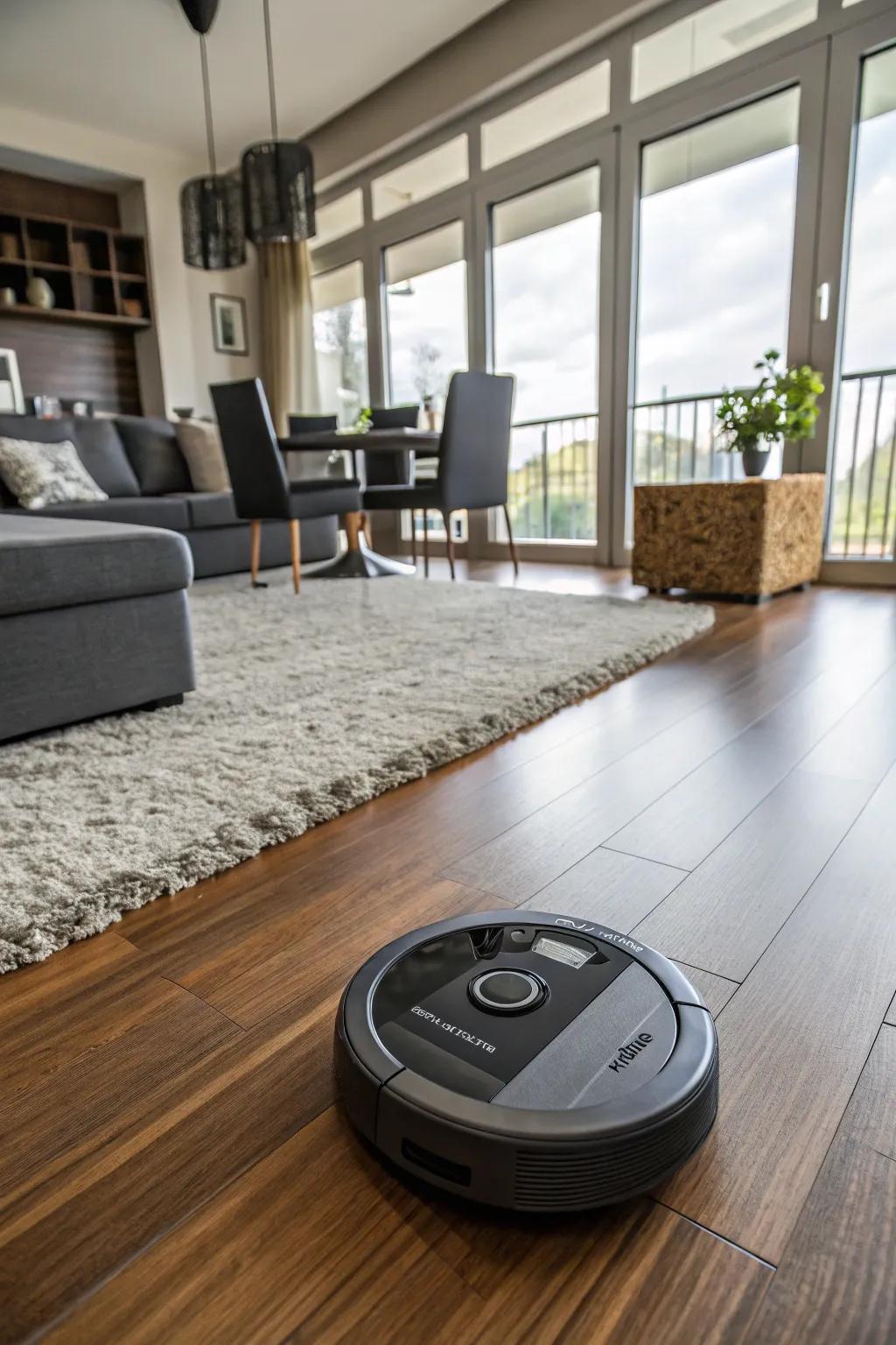 An autonomous cleaning unit efficiently cleans a modern living space, ensuring immaculate floors with minimal effort.