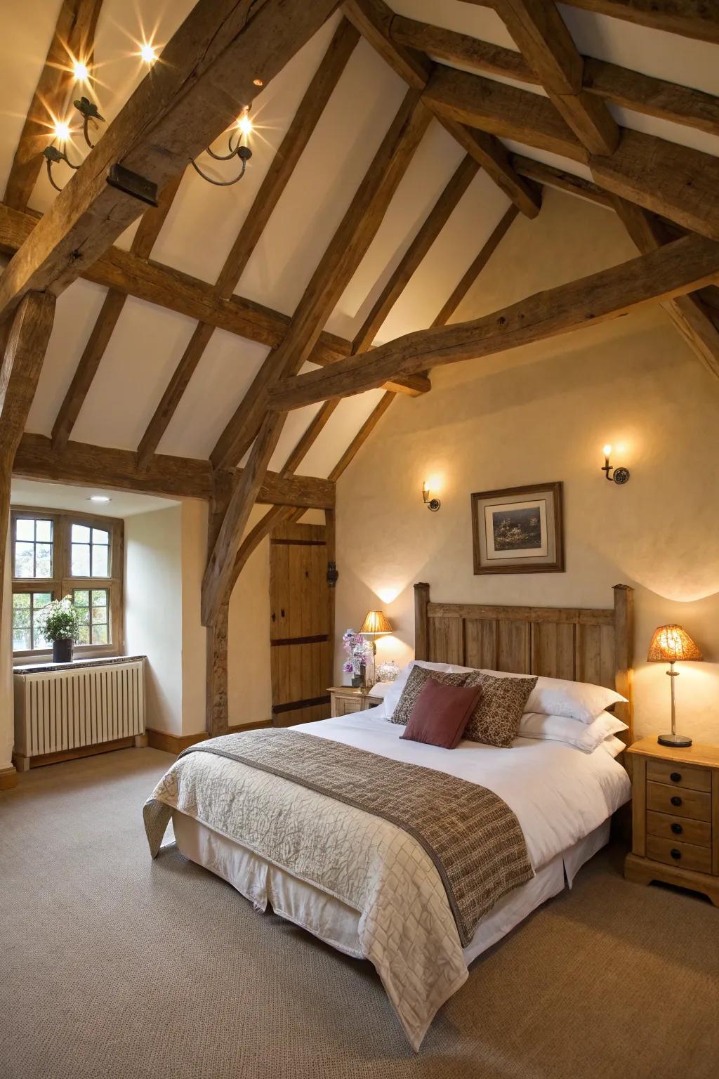A roomy bedroom showcasing vaulted ceilings and exposed beams.