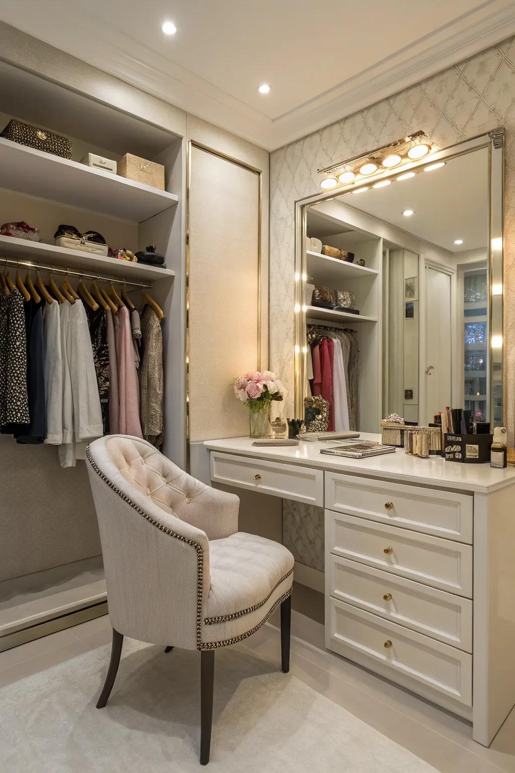 A closet with a fashionable vanity area, complete with a mirror and elegant seating.