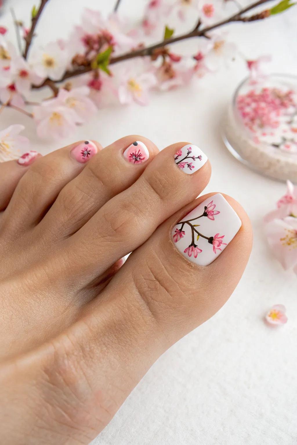 Alluring cherry blossoms on your big toe for a spring touch.