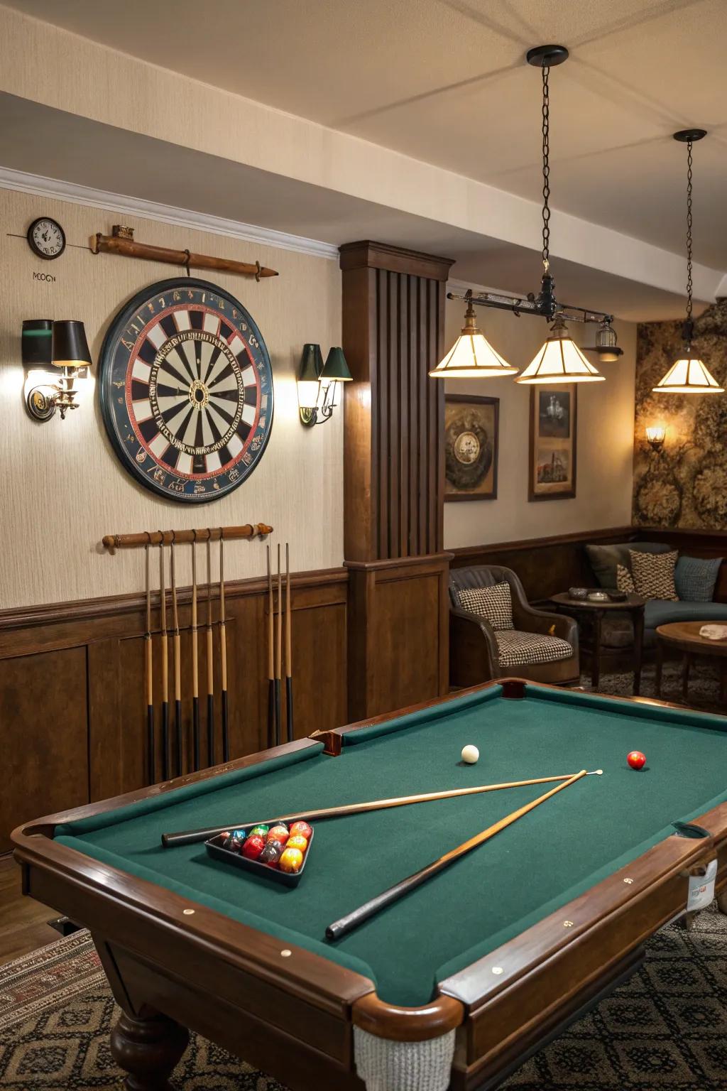 Additional gaming options such as a dartboard in a billiard room.