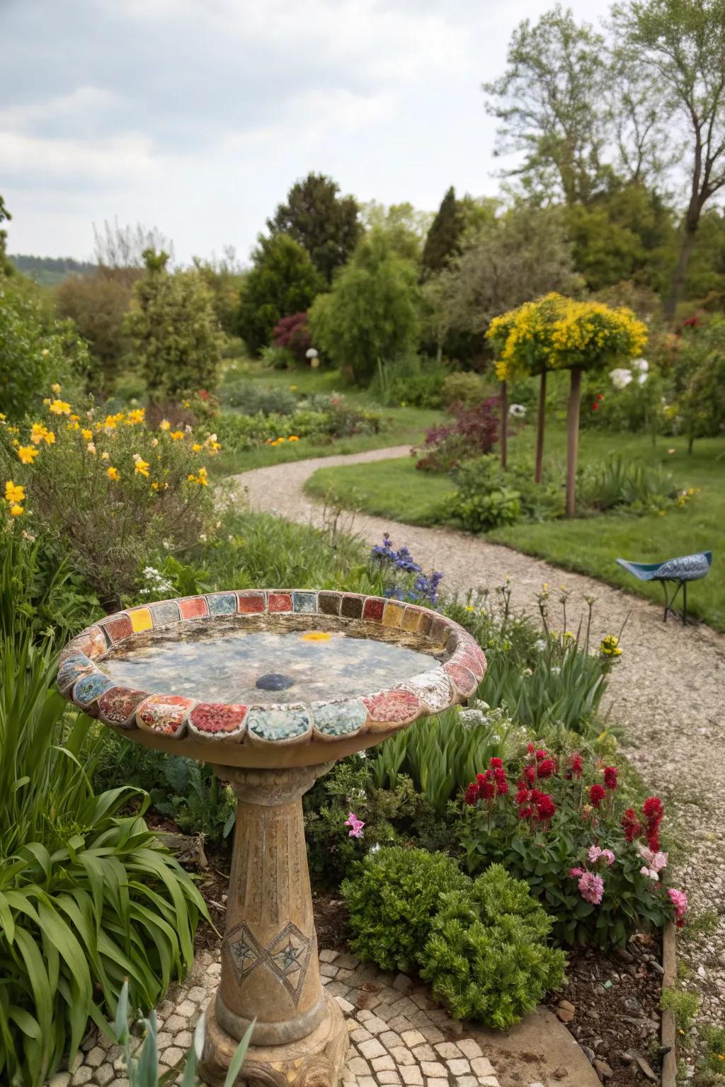 An inlaid bird bath injects an artistic element to your outdoor area.