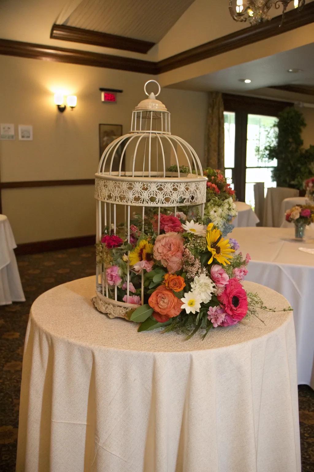 A bird sanctuary centerpiece with vibrant blooms for a playful expression.