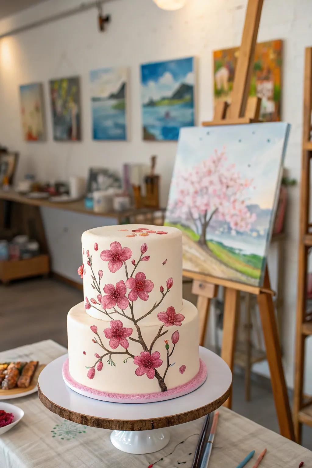 Hand-painted cherry blossoms convert this cake into a dazzling edible masterpiece.