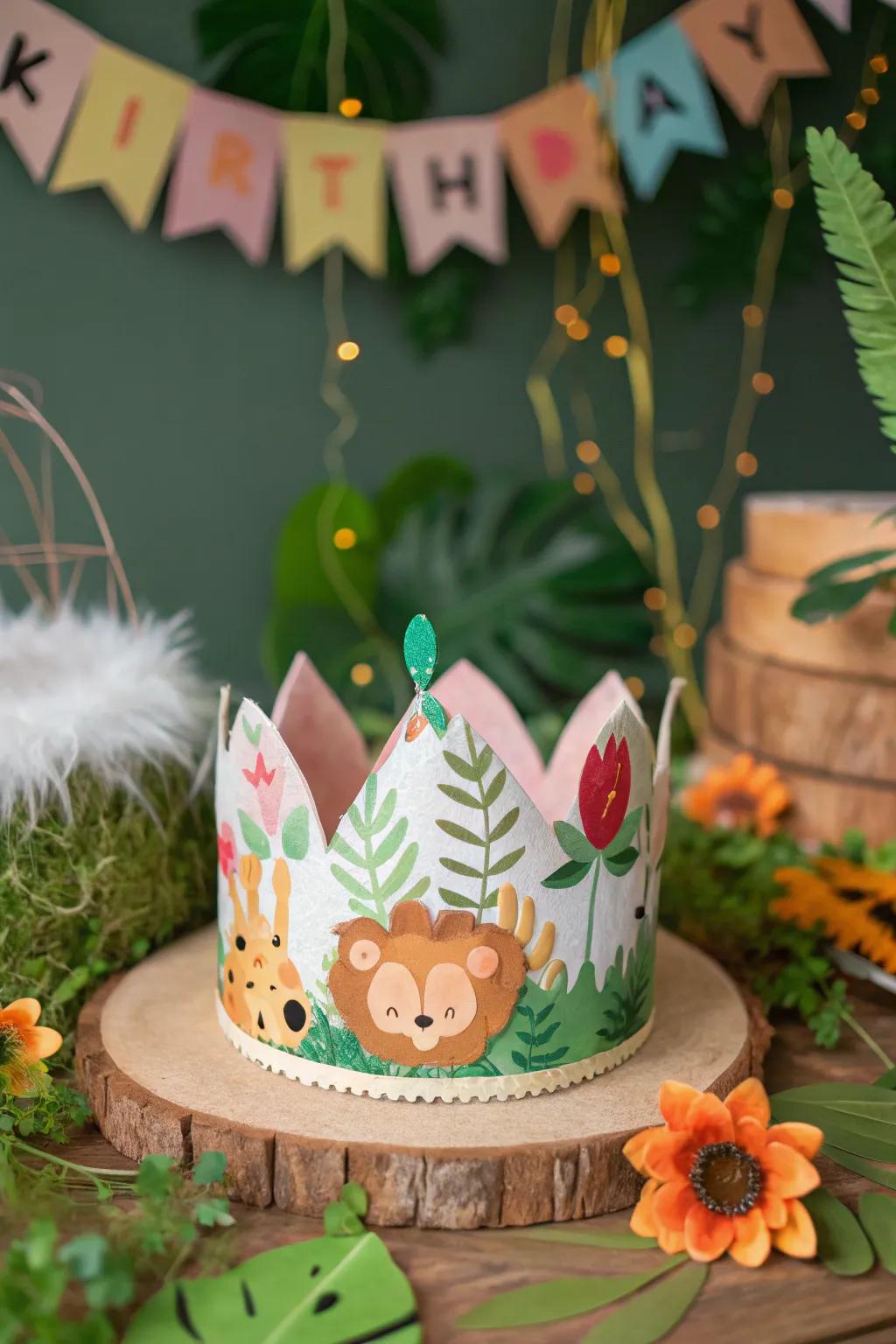 A playful animal-themed birthday crown