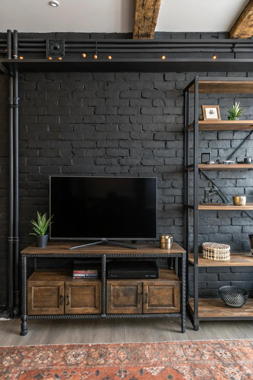 Manufacturing components elevate the metropolitan sensation of a dark accent wall.