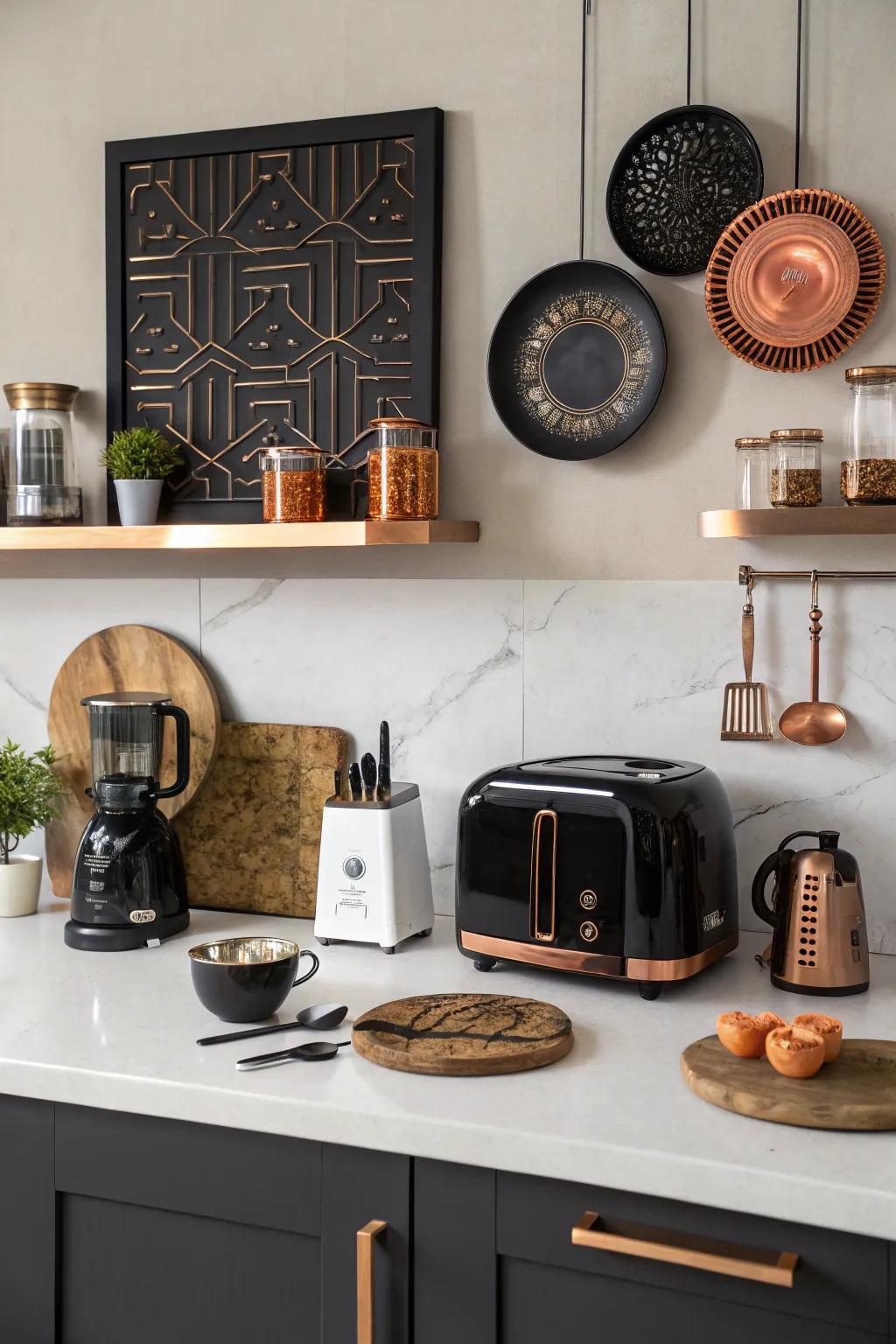 Dark and bronze ornaments bring harmony to your kitchen design.