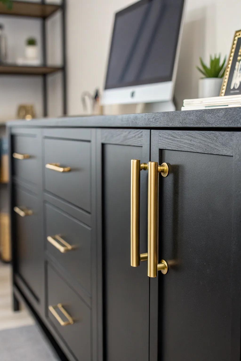 Gilded hardware adds a dash of luxury to dark furniture.