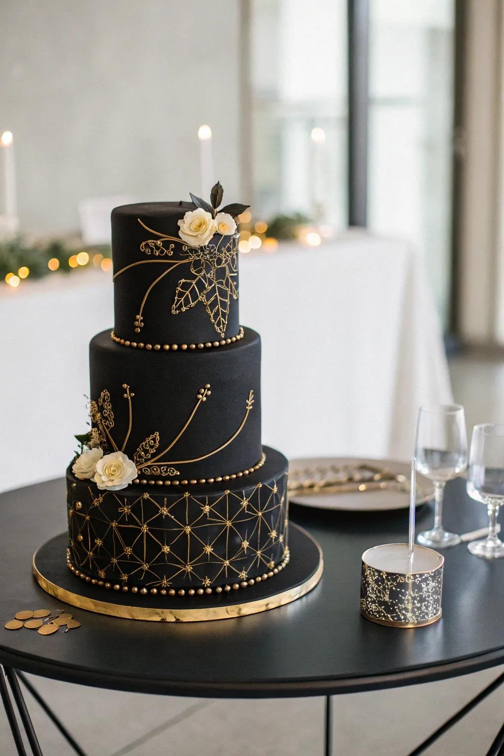 Subtle gilded details add a touch of grace to a minimalist cake.