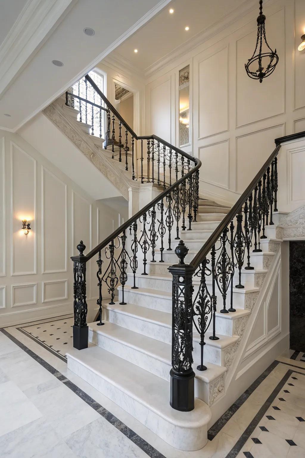Noir balusters imbue a touch of drama to a straightforward blanc staircase.