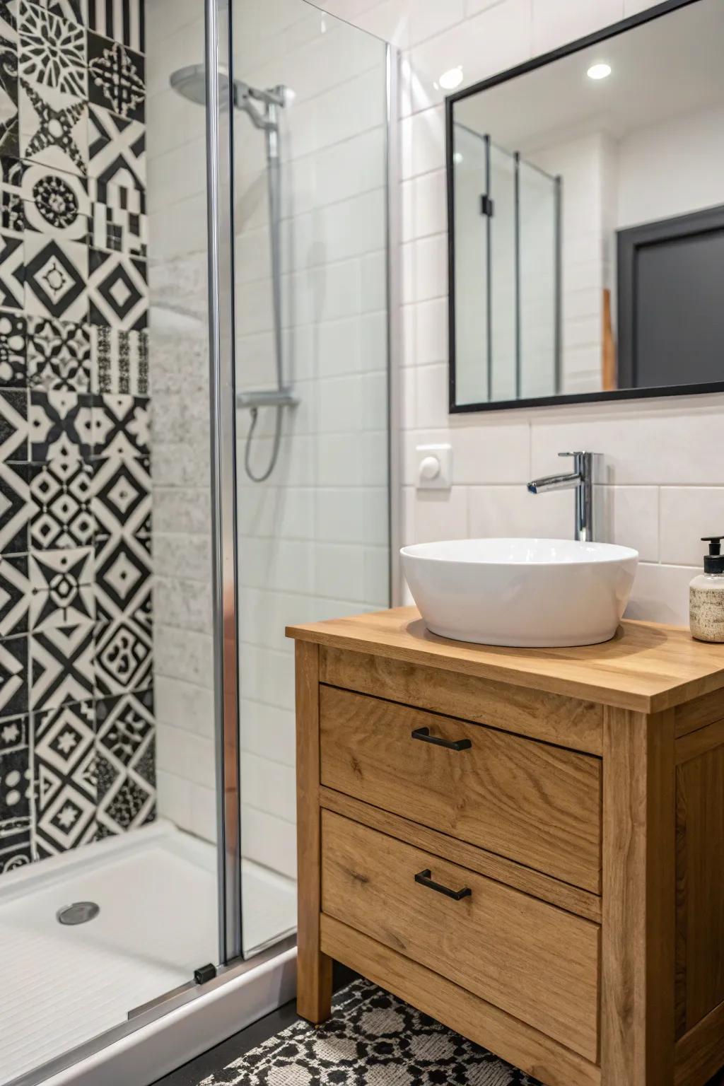 Wooden highlights infuse warmth into the ebony and ivory design.